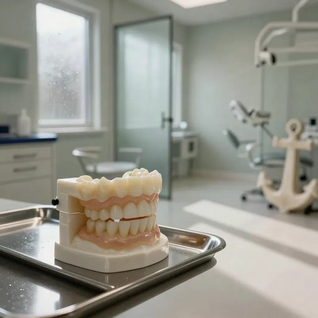 Macro van een witte tandartsstoel, tray en tandmodel in een rustige, moderne behandelkamer.