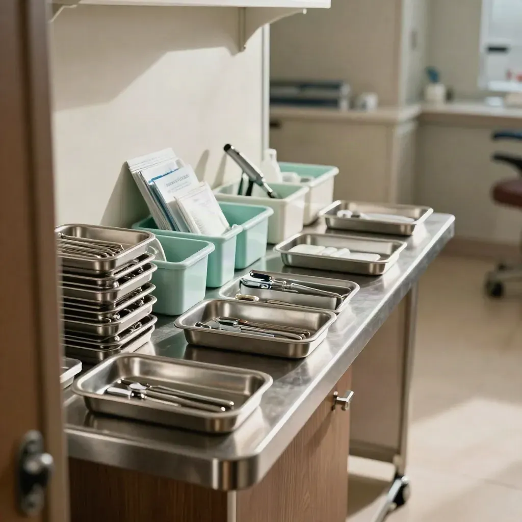 Dental workflowstation met trays, houders en gekleurde bakken in een rustige praktijkgang.