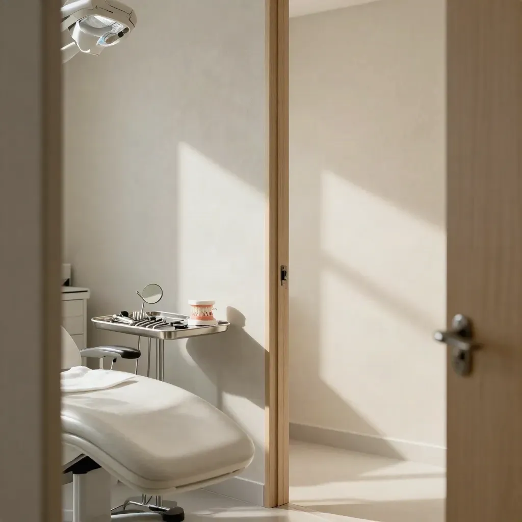 Witte tandartsstoel met instrumententray en tandmodel in zacht ochtendlicht.