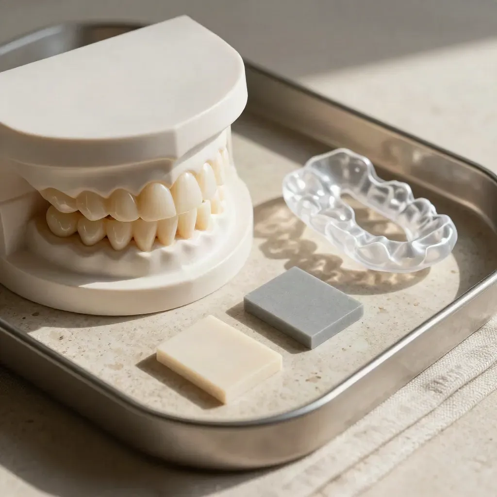Bovenaanzicht van een tray met tandmodel, alignerdoosje en drie materiaalstaaltjes.