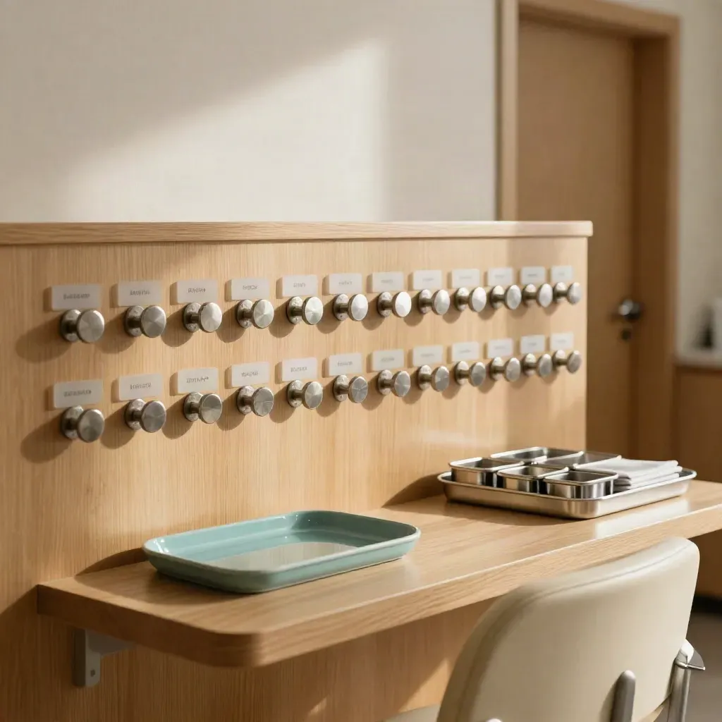 Rustige tandartsagenda met pegs, lege stoel en nette tray shelf in warm daglicht.