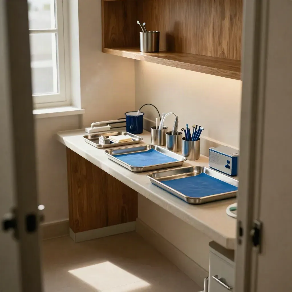Stille tandartswerkplek met trays, houders en blauwe accenten in warm middaglicht.