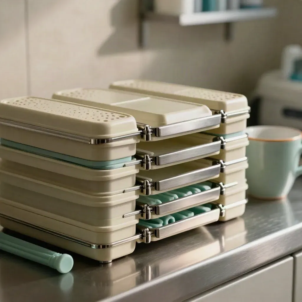 Steriele cassettes, mintkleurige sleeves en een keramische rand in zacht klinisch licht.