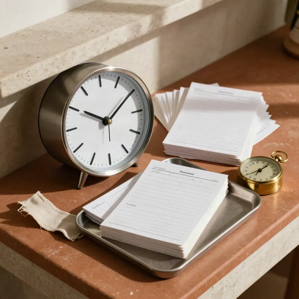 Bovenaanzicht van een analoge planningsklok, blanco afspraakkaartjes en een messing timer op terracotta.