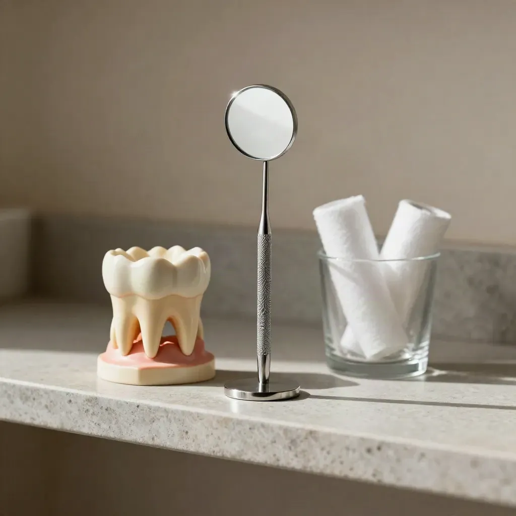 Tandartsmirror, tandmodel en matte glasbeker op een stenen plank in zacht licht.