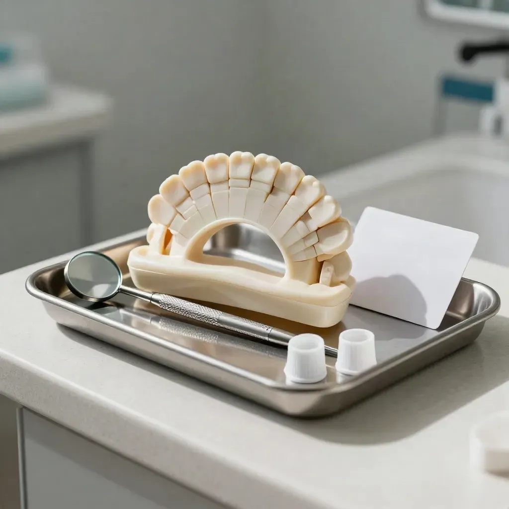 Dentale scantray met kleurkaart, spiegel en tiphouders op een lichte matte toonbank.