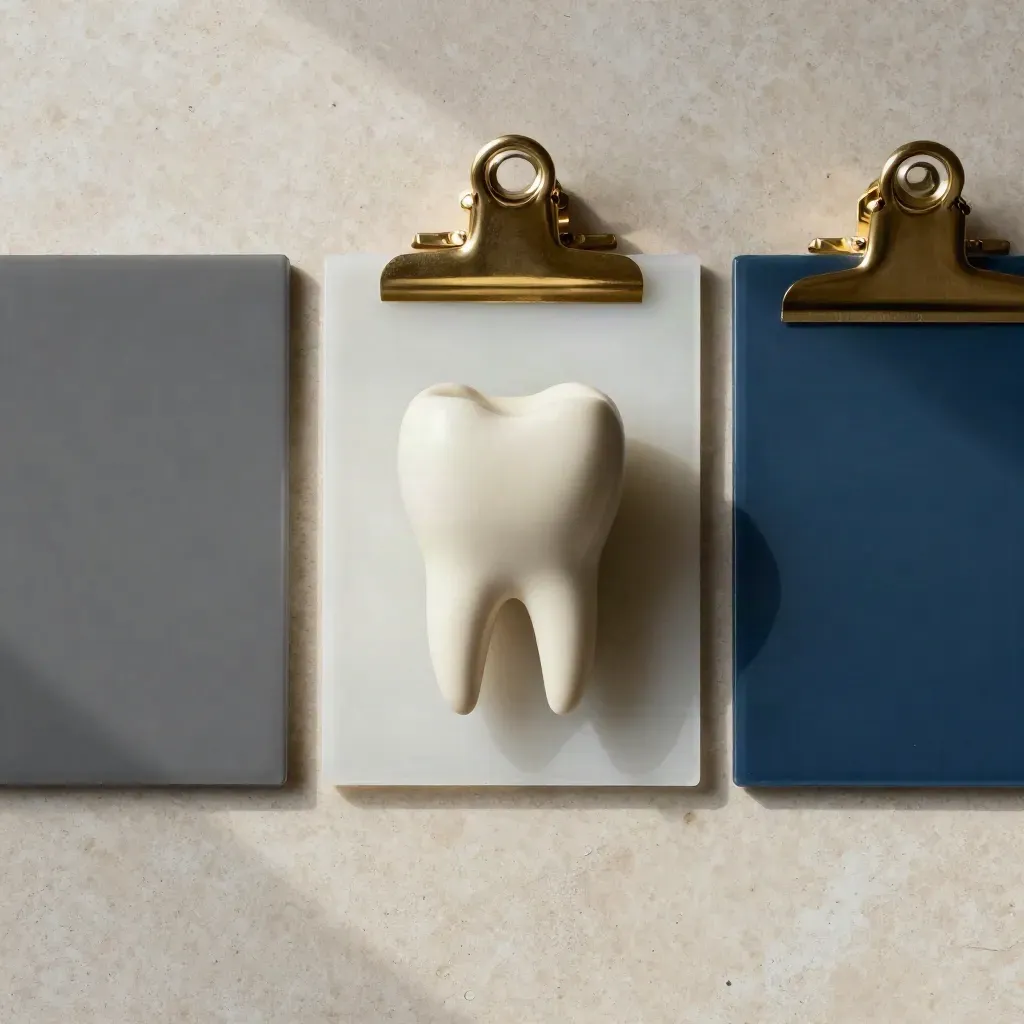 Bovenaanzicht van een strakke planning met tandmodel, acryltegels en messing clip op steen.