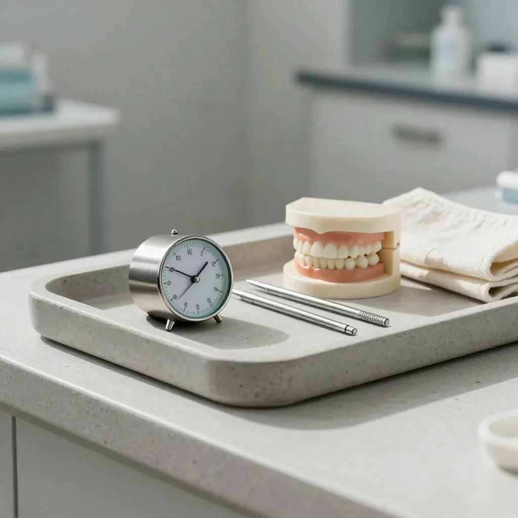 Timer, drie markers en een tandmodel in een stenen tray op beton, zacht licht, mintaccent