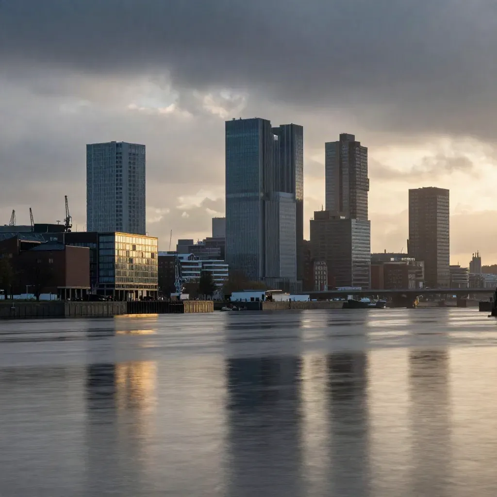 Rotterdams skyline boven rustig havenwater in gouden avondmist.