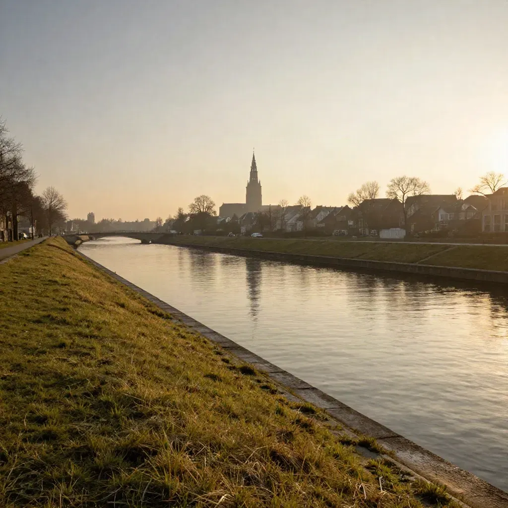 Utrechtse gracht met Domtoren in de verte bij gouden avondlicht en rustige oever.