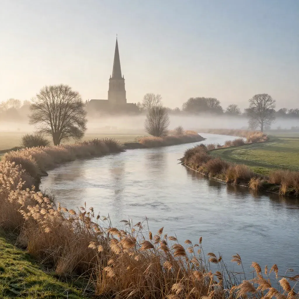 Brabant-Gelderland rivierlandschap met kerktoren in ochtendmist